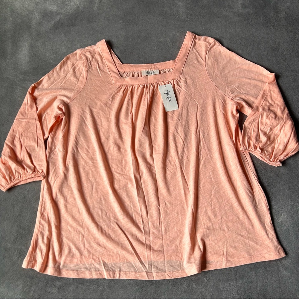Style & Co Plus Size 3/4-Sleeve
Square-Neck Top Peach Sherbet, Size OX,‎ $57 New
